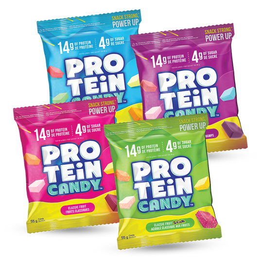 protein candy variety pack includes classic fruit, classic fruit sour, berry punch, and tropical fruit